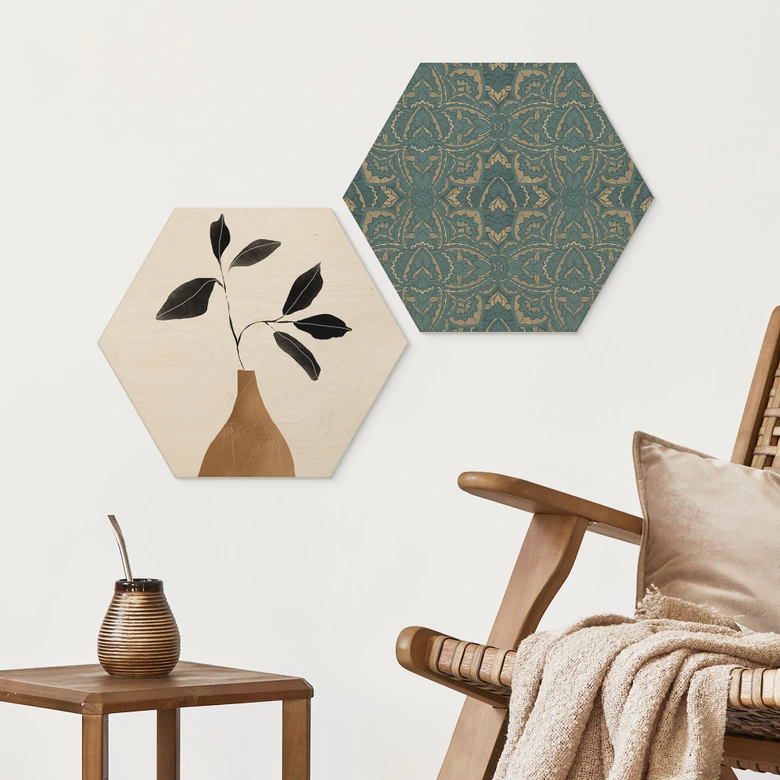 Hexagon Holzbild Zweig in goldener Vase - ThingDesign 