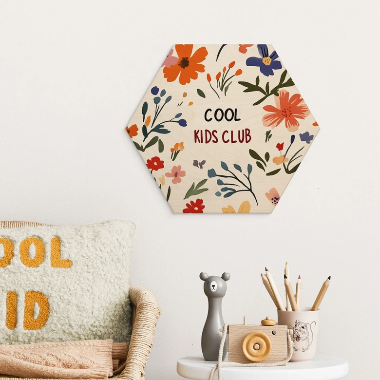 Hexagon Holzbild Cool Kids Club Bunte Blumen - Treechild 