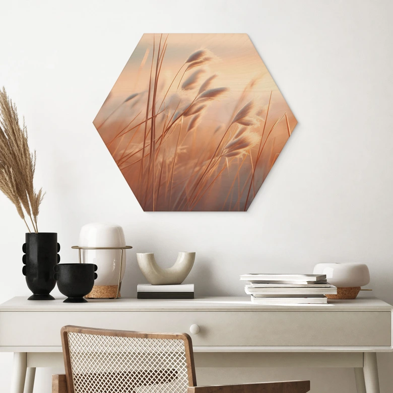Hexagon Holzbild Dünengras in der Abendsonne - Treechild 