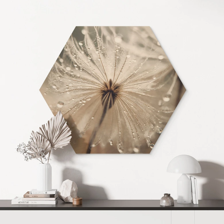 Hexagon Holzbild Pusteblume in Morgentau - Treechild 