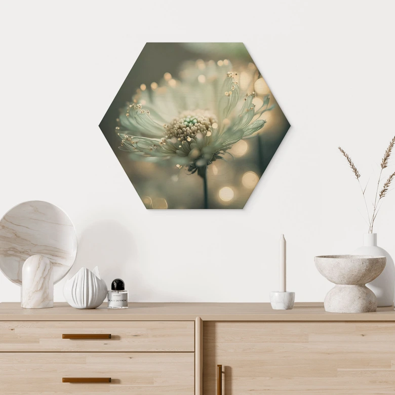 Tableau sur bois hexagonal Délicat scintillement des fleurs - Treechild 
