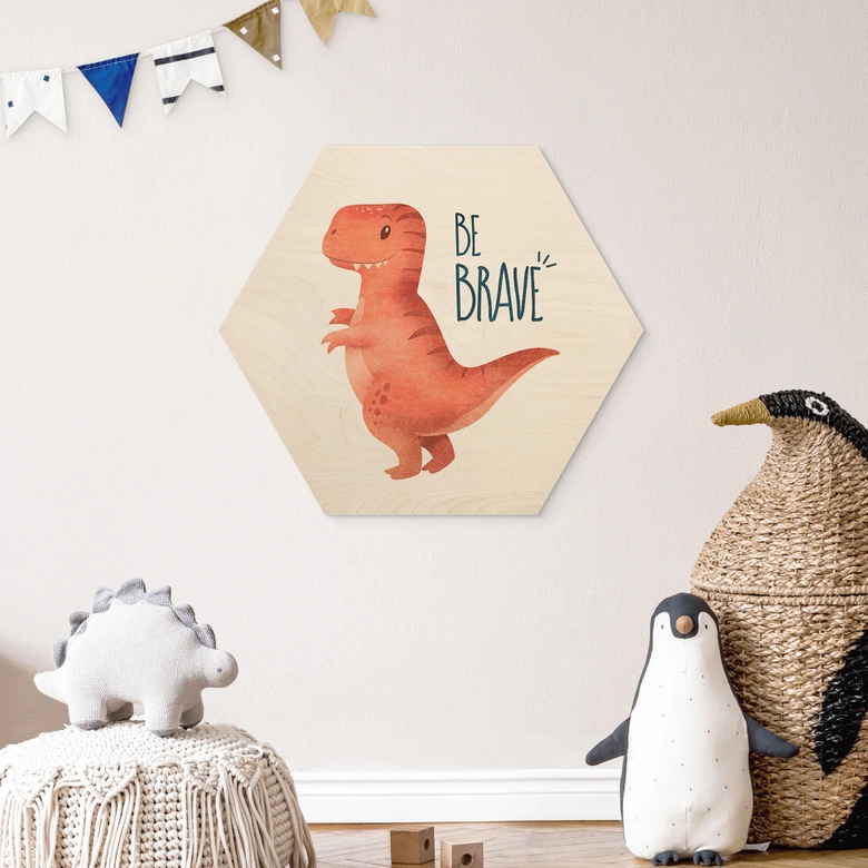 Hexagon-Holzbild Dino Be Brave - T-Rex - Tunaboylu 