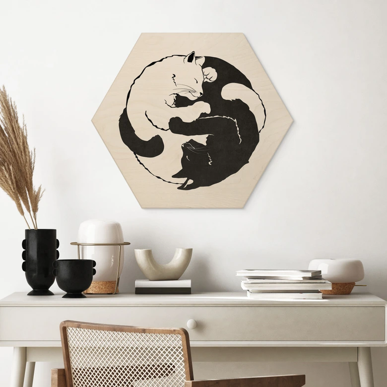 Hexagon Holzbild Katzen Ying & Yang - Tunaboylu 