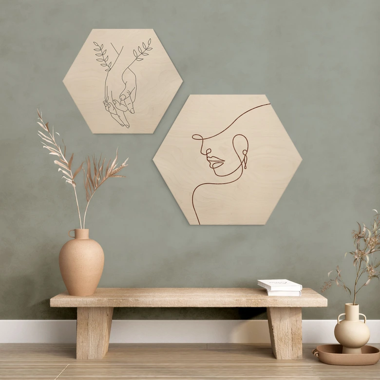 Hexagon Holzbild Zarte Konturen einer Frau - Line Art - Tunaboylu 