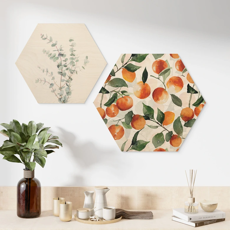 Hexagon Holzbild Fruchtige Mandarinen - UN Designs 