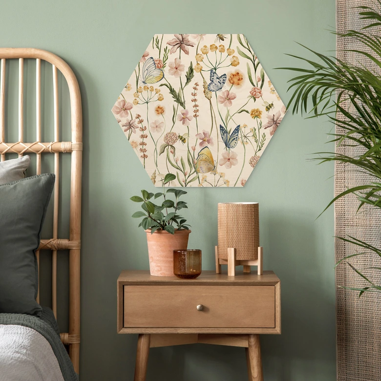 Sekskantet træ Forårseng med sommerfugle - UN Designs 