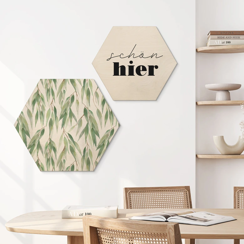 Hexagon-Holzbild Zweige mit grünen Blättern - UN Designs 