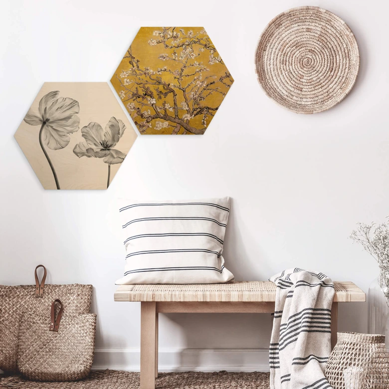 Hexagon - Holz van Gogh - Mandelblüte Ocker 