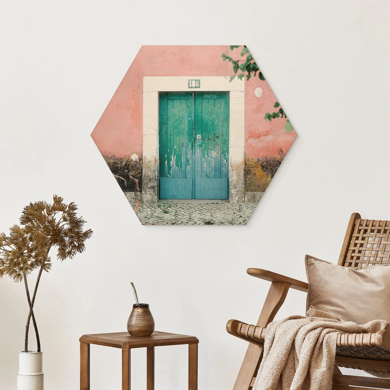 Tableau sur bois Hexagon Façade de maison méditerranéenne à Lisbonne - Zwart 