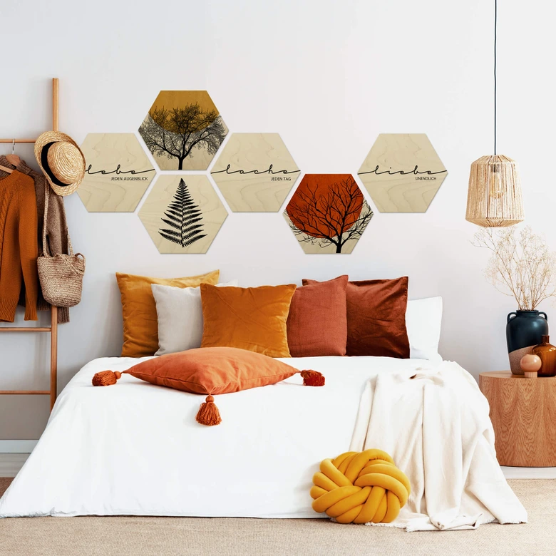 Hexagon - Holz Birke-Furnier - Lebe, Lache, Liebe (3er Set) 