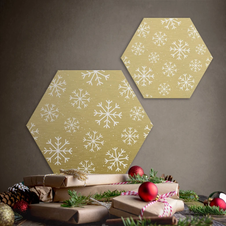Hexagon - Alu-Dibond Goldeffekt Schneeflocken Eiskristalle Weiß 