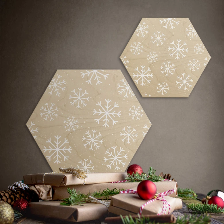 Hexagon - Holz Birke-Furnier Schneeflocken Eiskristalle Weiß 