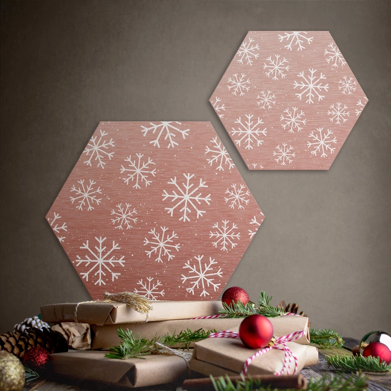 Hexagon - Alu-Dibond Kupfereffekt Schneeflocken Eiskristalle Weiß 
