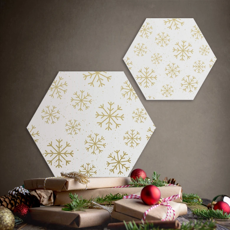 Hexagon - Alu-Dibond-Goldeffekt Schneeflocken Eiskristalle 