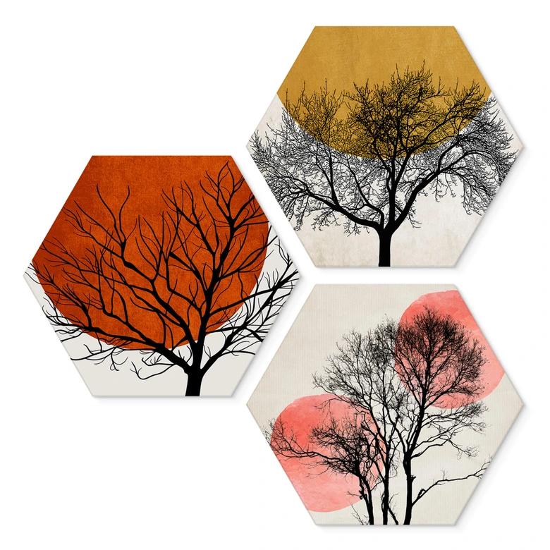 Hexagon Wandbild Kubistika - Warmer Sonnenuntergang Set (3-teilig) - Alu-Dibond 