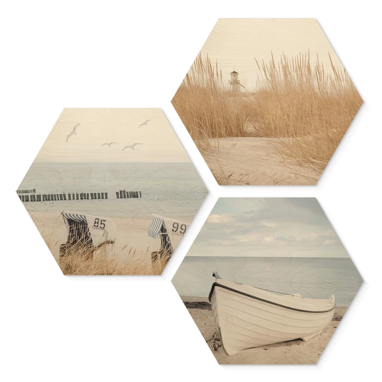 Hexagon Holzbild Ostseeküste mit Strandkörben, Ruderboot und Leuchtturm Set (3-teilig) 