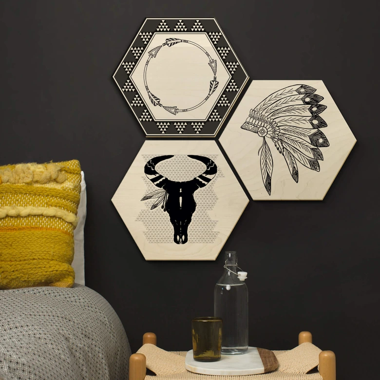 Hexagon - Holz Birke-Furnier - Ethnie-Indianer (3er Set) 