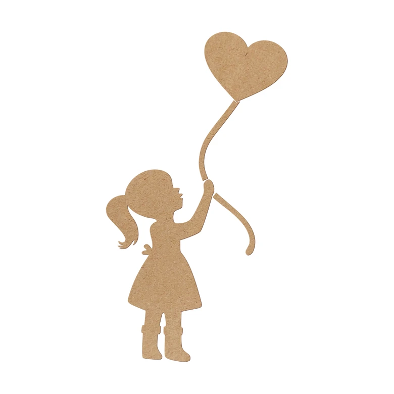 Wanddeko Mädchen mit Herz-Ballon - MDF Natur 