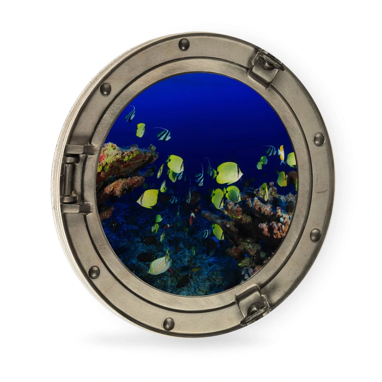 Holzbild 3D-Optik Bullauge - Bunte Unterwasserwelt - neongelbe Fische - Rund 