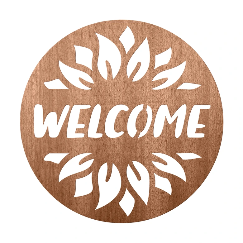 Holzdeko Türschild - Welcome Sonnenblume - Mahagoni - Rund 