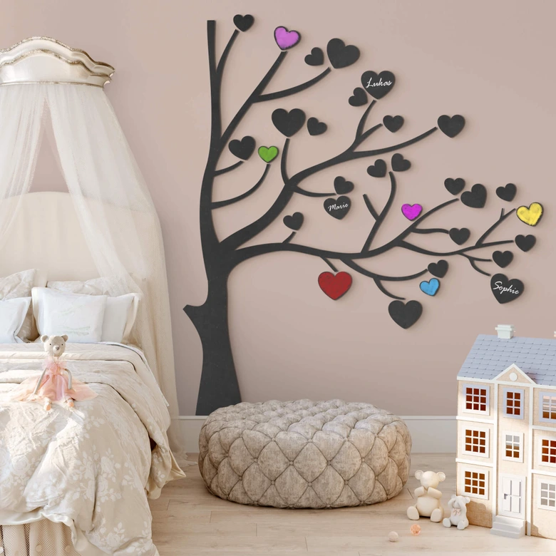 Panel mural de madera XXL árbol con corazones - MDF 