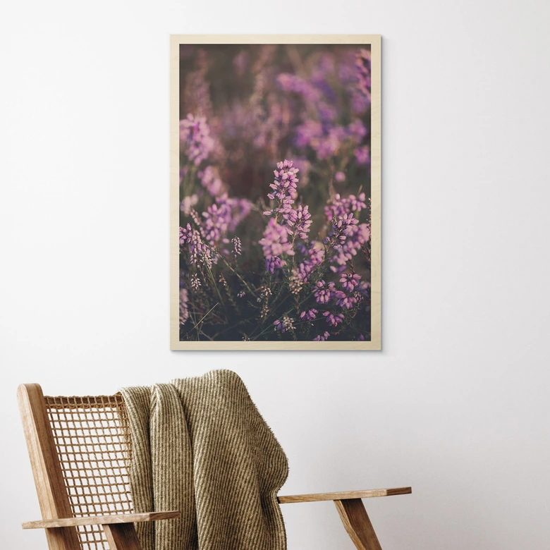 Holzbild Lila Heideblüte im warmen Licht - Annie 