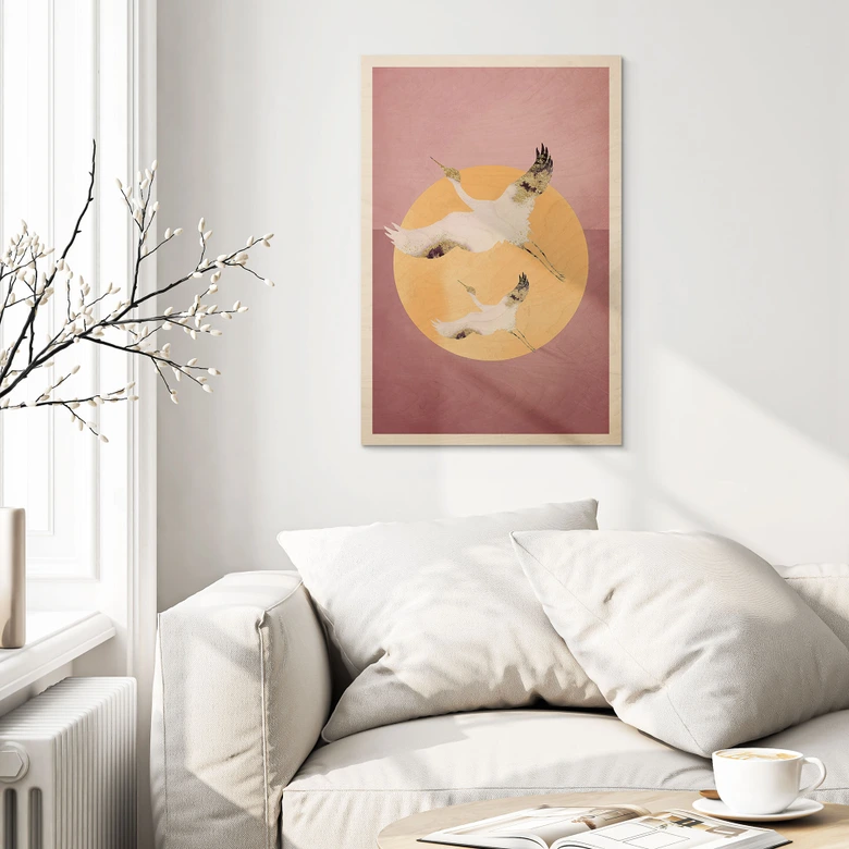 Holzbild Weiß-goldene Kraniche am pinken Himmel - Aureous 