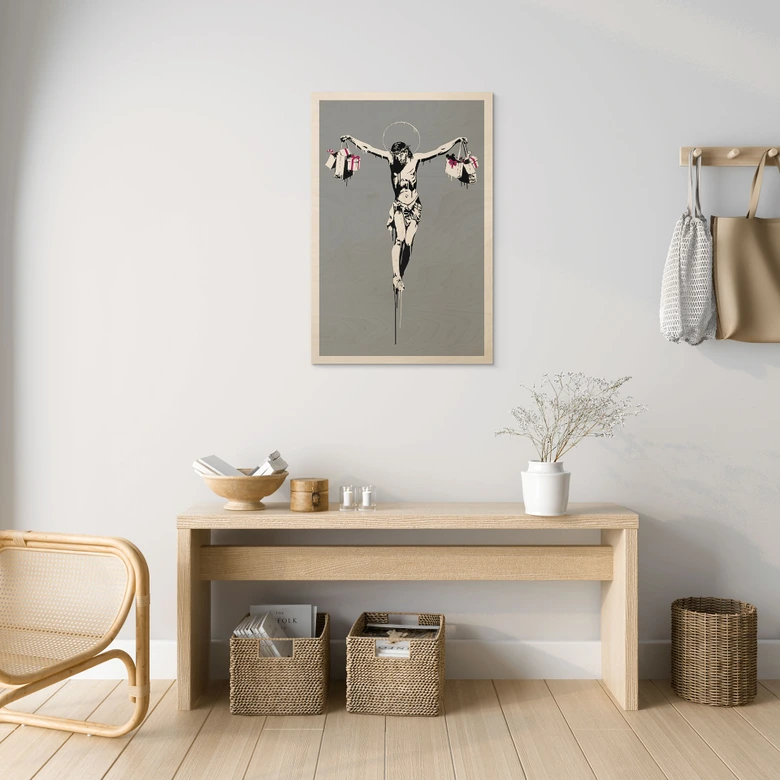 Holzbild Banksy - Jesus Christus mit Einkaufstüten 