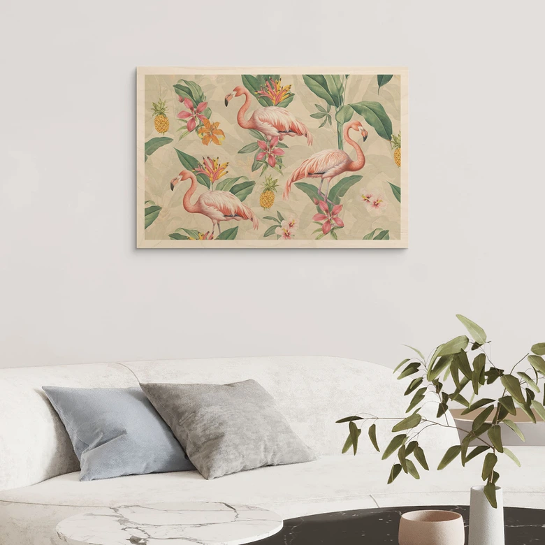 Holzbild Flamingo und tropische Blätter - Bloomery Decor 