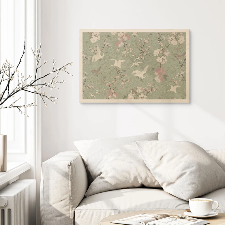Obraz drewniany Żurawie w kolorze zielonego kwiatu wiśni - Bloomery Decor 