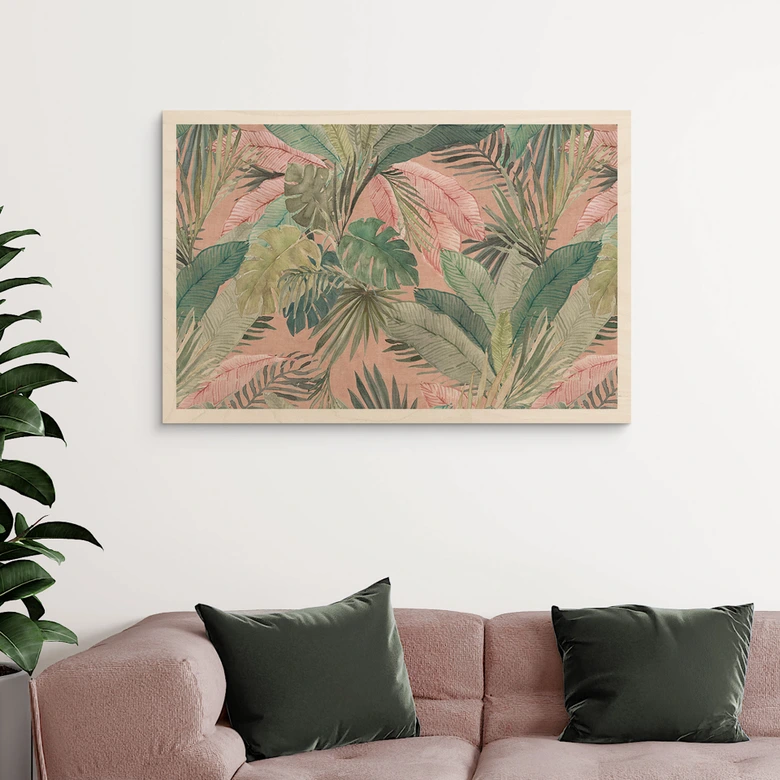 Holzbild Tropenblätter im Dschungel Rosa - Bloomery Decor 