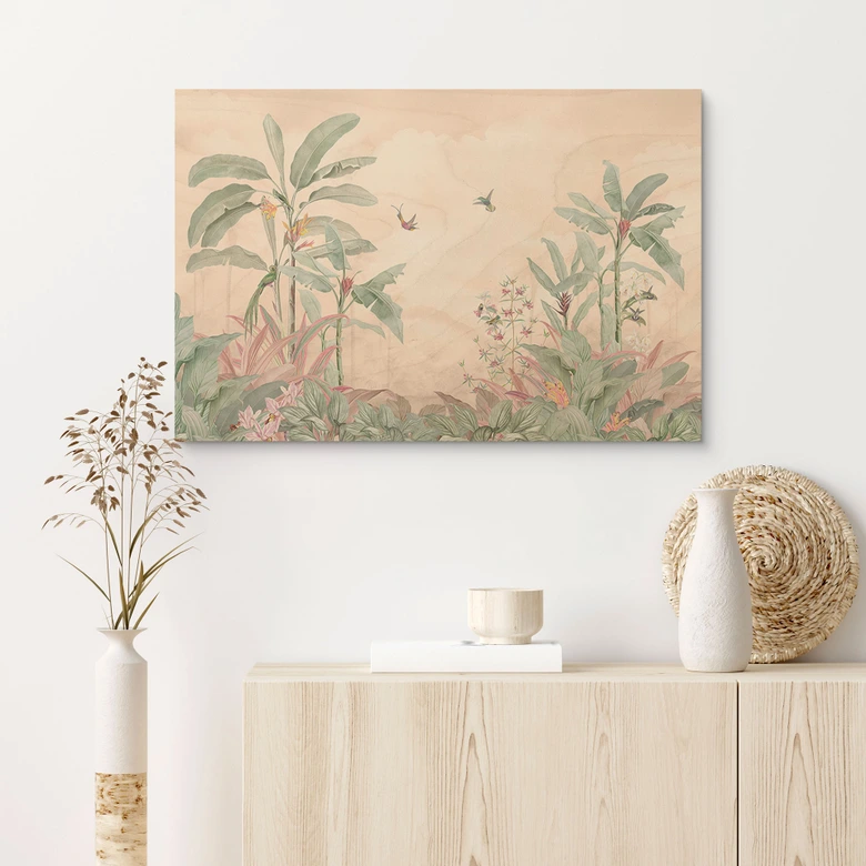 Holzbild Tropische Idylle mit Kolibri Apricot - Bloomery Decor 