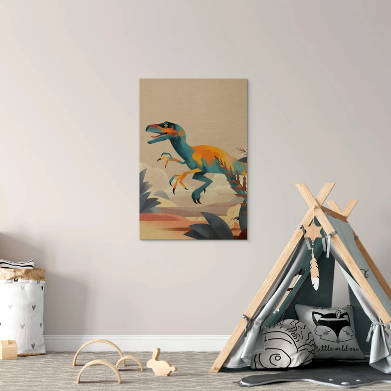 Plakat drewniany Dinozaur - Velociraptor - Brązowy 