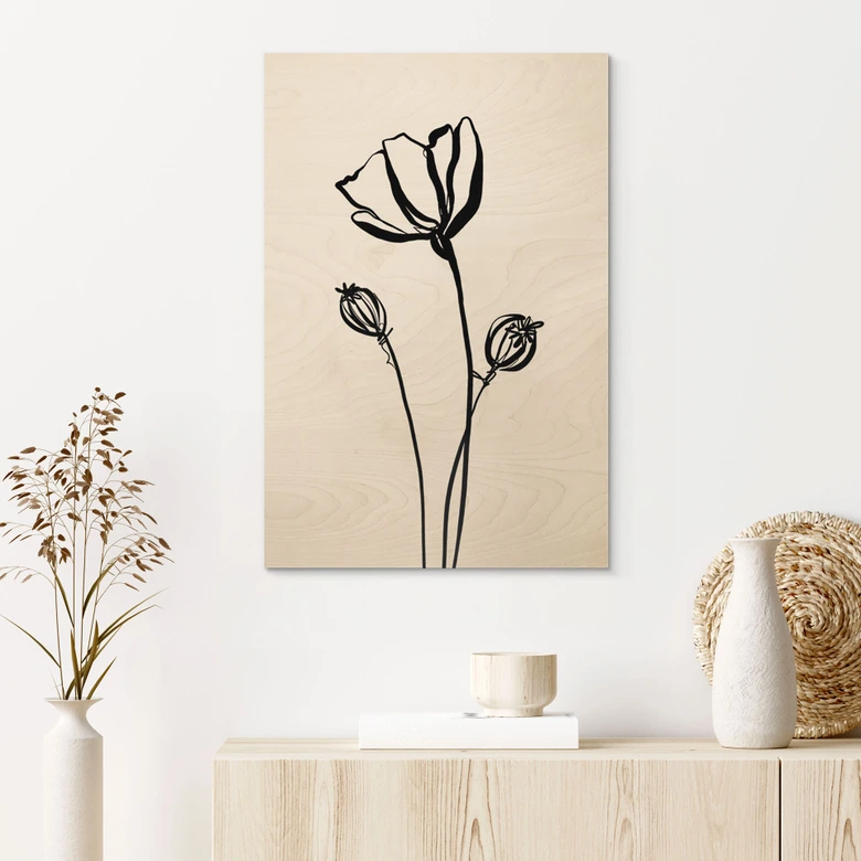 Holzbild Line Art Mohnblume - Cats & Dotz 