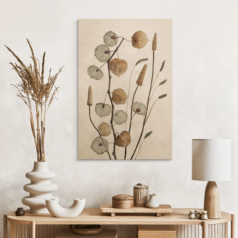 Holzbild Getrocknete Lampionblumen - Disher 