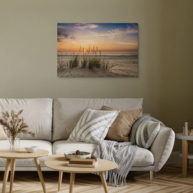 Holzbild Düne am Strand bei Sonnenuntergang 