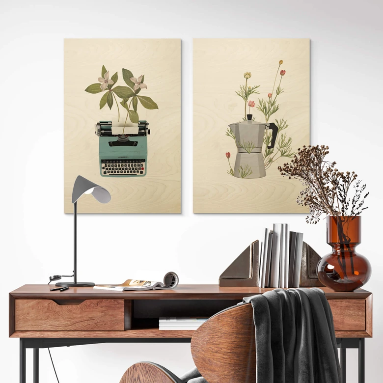 Holzbild Frida Floral Studio - Botanische Schreibmaschine 