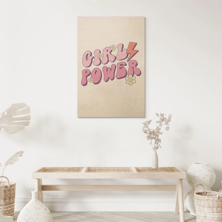 Holzbild Girl Power Retro Schriftzug Lila 