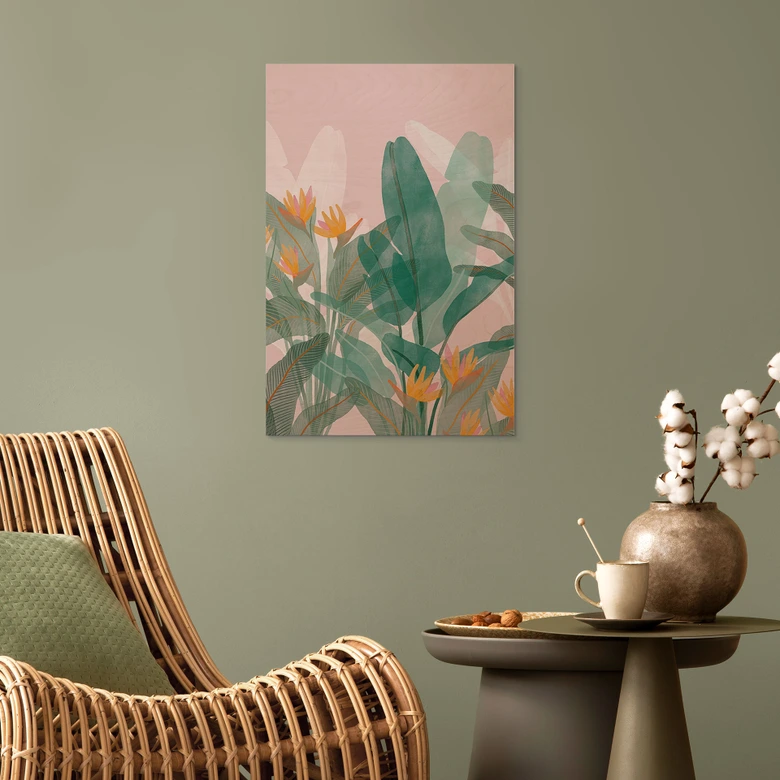 Holzbild Botanische Illustration in Grün und Rosa - Goed Blauw 