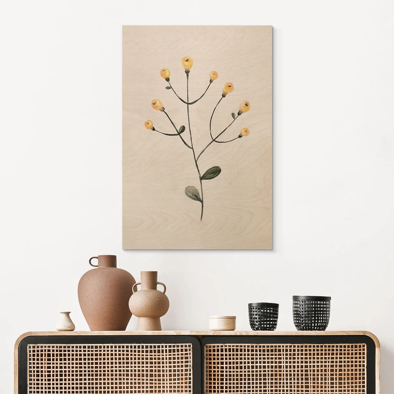 Holzbild Zarte Pflanze mit gelben Blüten - Goed Blauw 