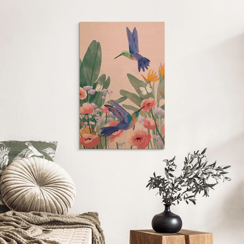 Cuadro de madera Naturaleza Dos colibríes en el prado de flores de colores - Goed Blauw 