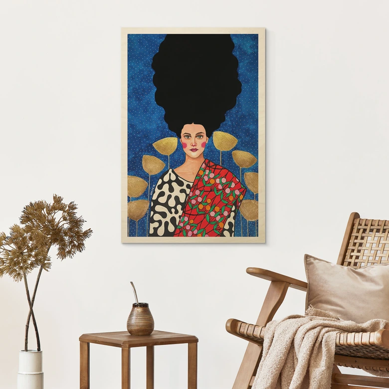 Holzbild Frau im Feld mit goldenen Blättern - Hülya 