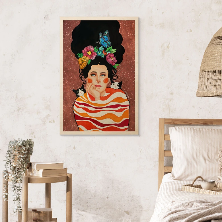 Holzbild Frau mit Blumenkrone und Katzen - Hülya 