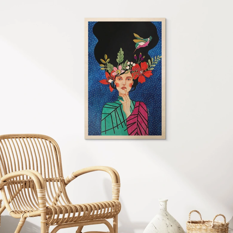 Wood Print Woman with hummingbird in the starry night - Hülya 