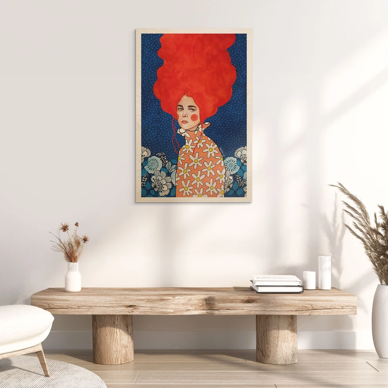 Holzbild Frau mit rotem Haar und Blüten - Hülya 