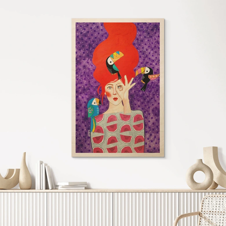Tableau sur bois Femme avec trio de toucans - Hülya 