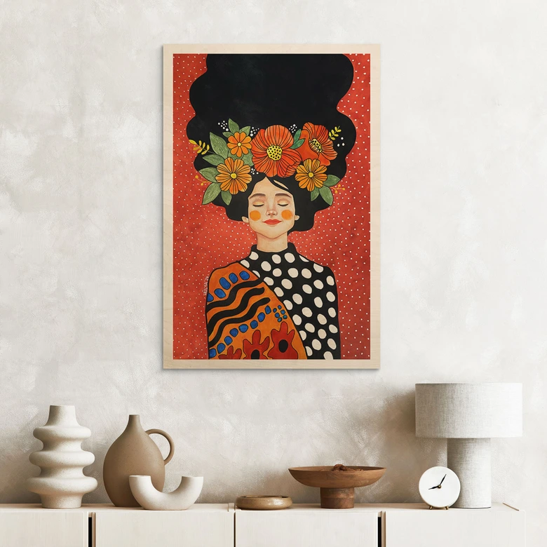 Holzbild Lächelnde Frau mit orangen Blumen - Hülya 