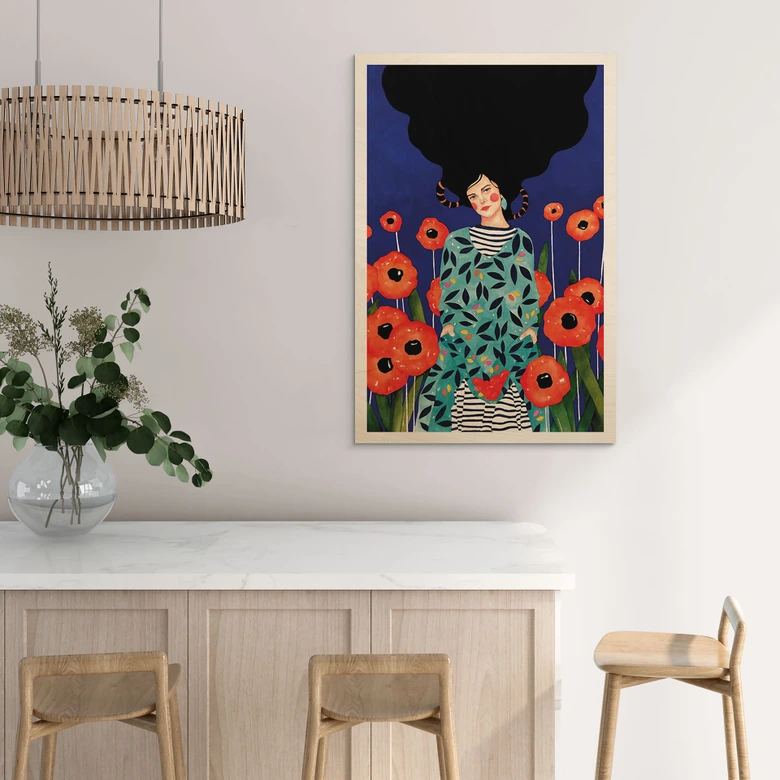 Holzbild Porträt im Mohnblumenfeld - Hülya 