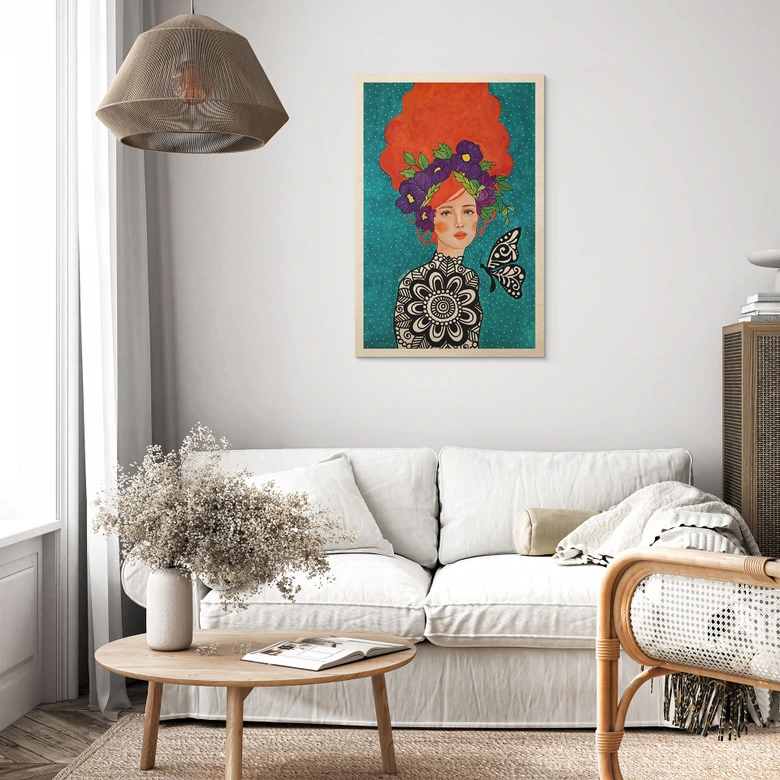 Holzbild Schmetterlingsfrau mit Blütenkranz - Hülya 