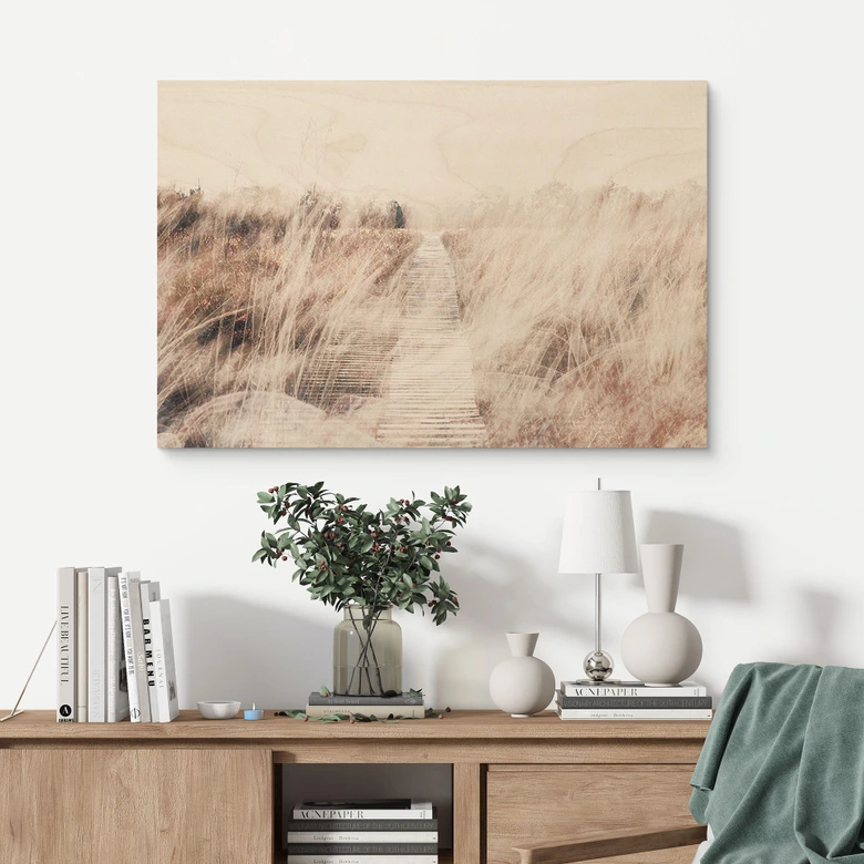 Houten Poster - Dromerig landschap met houten loopbrug 